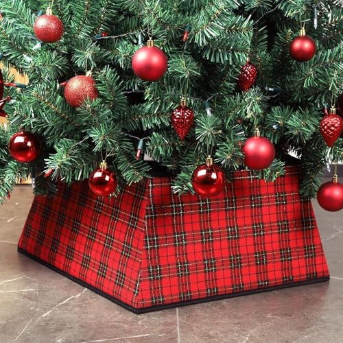 Christmas Tree Skirt Square Stand Base | Red & Black Plaid Folding Collar Basket | Durable Holiday Tree Cover Decoration | 48 x 48 x 25cm