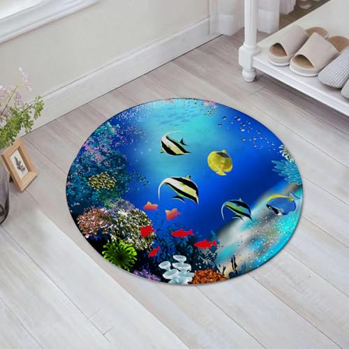 FSDGY Badvorleger Fußmatte Flauschig Teppich Badezimmerteppich Duschmatte für Bade & Wohnzimmer Schlafzimmer,Unterwasser, tropisches Meeresleben mit bunten Fischen,60x60 cm