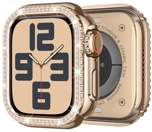 ZZDZZ Coque Compatible avec Apple Watch Series 6/5/4/SE 44mm, Couverture de Diamant Brillant Dur Métal Bumper Housse avec Couvercle Arrière pour iWatch 44mm, Or Rose