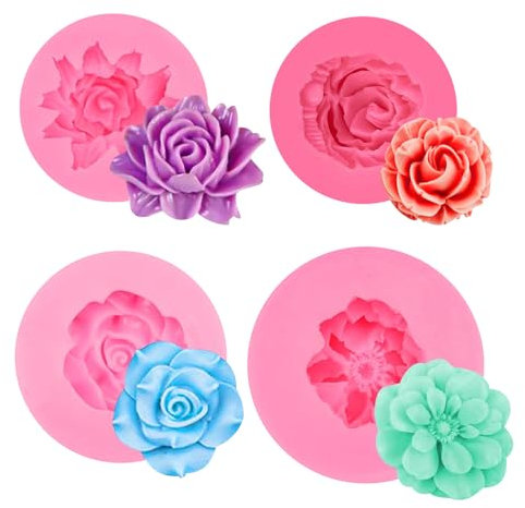 4 Stück 3D Silikonform Blumen, Kerzenform Silikon Rosen Nelke Mohn Silikonformen für DIY Kerzen, Schokoladen, Gelees & Harzkunst - Wiederverwendbare Backzubehör Dekoration mit Leichtem Entformen