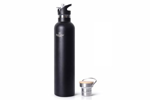 Bakhtiar®️ Doppelwandige Edelstahl Trinkflasche –Auslaufsichere Isolierflasche für Heiß- & Kaltgetränke, Kohlensäure-geeignet, inkl. Ersatzdeckel (Schwarz, 750ml)