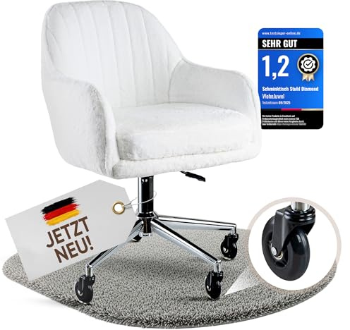 WohnJuwel Schminktisch Stuhl mit Rollen [höhenverstellbar] Gummirollen, Dickes Kissen [waschbares Kunstfell] - Drehstuhl Schminkstuhl Schminktischstuhl Schreibtischstuhl - Weiß