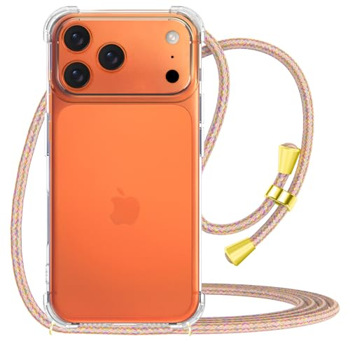 CAROKI Crossbody Case for iPhone 17 Pro Max (6.9), Clear Shockproof Protective Cover with Adjustable Rainbow Lanyard Strap, Heavy Duty Necklace Phone Holder, Anti-Yellowing Slim TPU Case - Rainbow