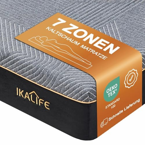 IKALIFE 7-Zonen Matratze Kaltschaum Kaltschaummatratze 120 x 200 cm, Gel Memory Foam Mattress, H3 Mittelfest Super Weich, 20 cm Hoch, Oeko-TEX 100 Zertifiziert, Atmungsaktive Rollmatratze, Schwarz