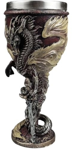 HiyyFloy Calice Vino con Drago Fiammeggiante Medievale, 7 Once, in Acciaio Inossidabile E Resina, Calice Vino Fantasy Medievale, Regalo per Uomo, Festa del papà, Festa a Tema