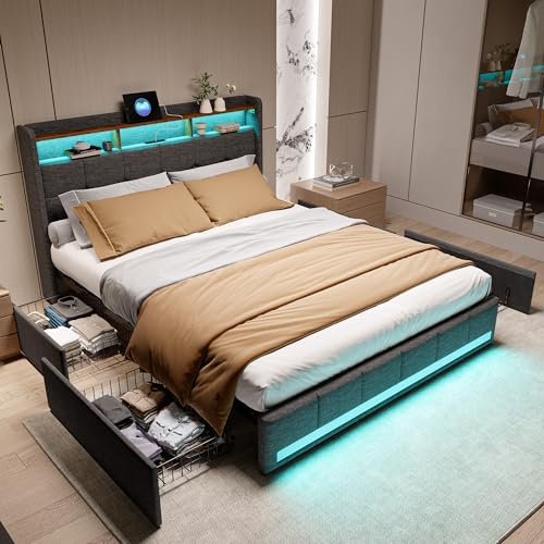 TIMORWTF Polsterbett Doppelbett 140x190 cm mit LED und USB, Boxspringbett Bettgestell mit Lattenrost,Bett mit Stauraum 4 Schubladen und Kopfteil, Leinen, Grau, Ohne Matratze