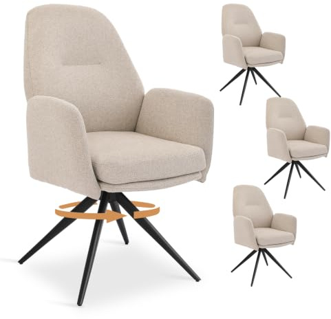 Bon Furni 4er Set Drehbarer Esszimmerstühle Beige mit Armlehnen, 360° Drehbar Polsterstuhl Leinen, Moderner Drehstuhl mit Dick Gepolsterter Sitzfläche & Hoher Rückenlehne für Wohnzimmer & Büro