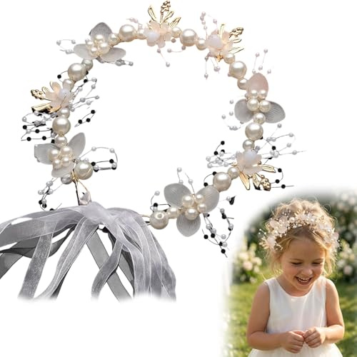 FrostyFlair Flower Crown Hair, Bridal Hairpiece & Headband for Women, Princess Headpiece with Pearls for Wedding & Festive Occasions, White Flower Crown
