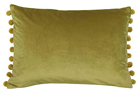Riva Paoletti Fiesta Rectangular Cushion Cover - Bamboo Green - Gold Pompom Edges - Faux Velvet - Reversible - Zip Closure - 100% Polyester - 35 x 50cm ( 14 x 20 inches)