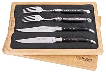 Laguiole en Aubrac (original) 2er-Besteck Set (2 Steakmesser, 2 Gabeln) Ebenholz inkl. Echtheits Zertifikat