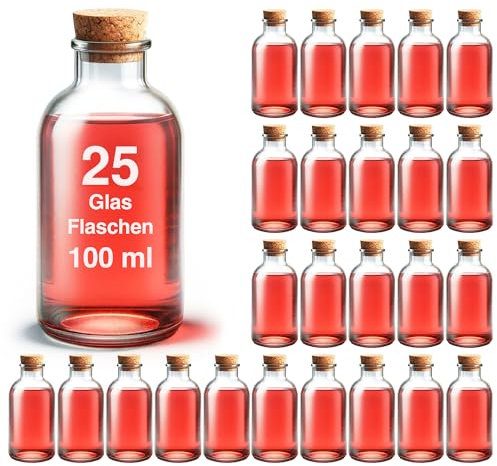 casavetro 25 x 100 Bouteilles en Verre vides de Bouchons Rechargeables réutilisables - Hermétique pour Prunelle, gin, Huile, bière, cidre, Soda, Vodka et Eau (25 x 100 ML)