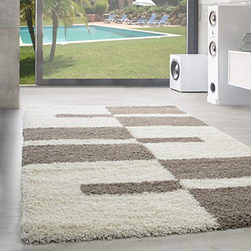 SIMPEX Hochflor Teppich 140 x 200 cm Beige-Creme Weicher Shaggy Flokati im Karierten Design Vielseitiger Bodenteppich für Wohnzimmer, Schlafzimmer oder Gästezimmer Pflegeleicht