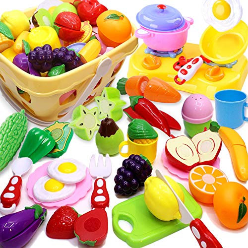 Airlab Jouet Plastique Fruit et Légume à Découper, 49 PCS Enfant Dinette Nourriture Accessoire Ustensile Cuisine, Cadeau Anniversaire Pâques Halloween Noël Éducatif Garçon Fille 3 4 5 Ans avec Panier