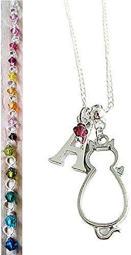Handmade Personalised Initial Silver Hollow Cat Kitty Necklace Pendant with Genuine Crystal