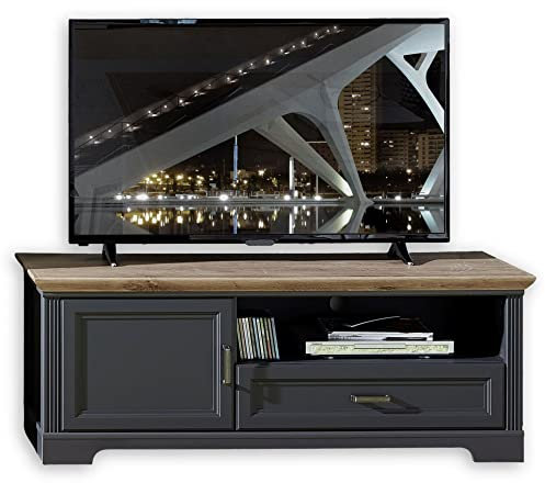 Stella Trading JASMIN TV-Lowboard in Artisan Eiche Optik, Graphit - TV Schrank mit Schublade und viel Stauraum für Ihr Wohnzimmer im Landhausstil - 143 x 54 x 51 cm (B/H/T)
