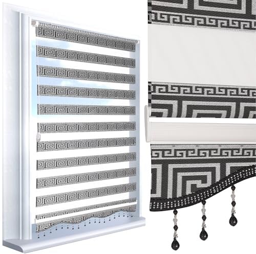 Brillant® Doppelrollo Zebra Rollos Klemmfix ohne Bohren Jalousien Duorollo Schwarz Silber Rankenmuster mit Perlen Kariert Motiv Raffrollo für Fenster Balkon Tür, Made in Germany 100 x 200 cm (B x L)