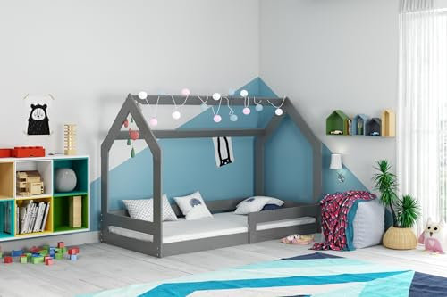 Interbeds Hausbett Kinderbett DOMEK 160x80cm aus Kiefernholz mit Lattenrost und Rausfallschutz komfortabel jugendbett (grau ohne Schublade)