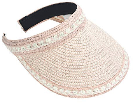 ZLYC Damen Stroh Sonnenschild Sonnenhut Breite Krempe Visor,Strohhalm, Rosa,Gr. Einheitsgröße