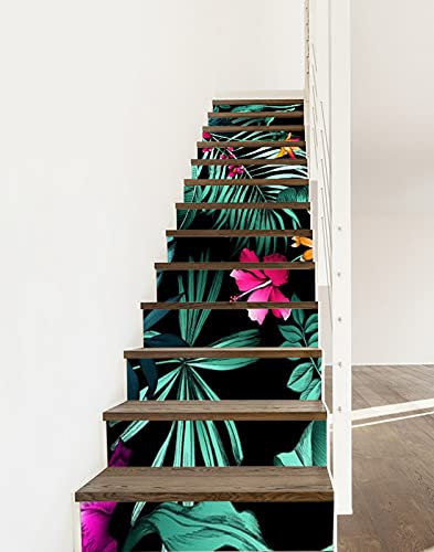 A.Monamour 3D Self-Adhesive Removable Stair Stickers Tropical Monstera Leaves Palm Leaves Floral Botanical Vinyl Stair Riser Decals Kitchen Tile Stickers Mural Wall Stickers Wallpaper 13 Pieces