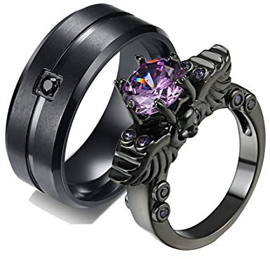 ANAZOZ 2 Stück Eheringe Paarpreis Edelstahl Vergoldet 8mm Breit Gebürstet Solitär Diamantring Ringe Verliebte Ringe Partnerringe Paar Schwarz Frau:54 (17.2) & Mann:60 (19.1)