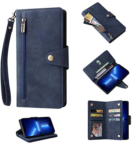 Jeelar ESONG Geldbörsen Handyhülle für Xiaomi 11T/11T Pro,PU Leder Reißverschluss Schutzhülle mit 9 Kartenfächern/Standfuntion/Magnetverschluss/Handschlaufe - Blau