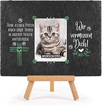 Tier-Schieferplatte Gedenktafel für Tiere - mit Foto bedrucken - Wir vermissen dich - Haustiere Grabtafel, Grabschmuck - Schiefertafel mit Staffelei, 15x20 cm I Personalisierte Erinnerung