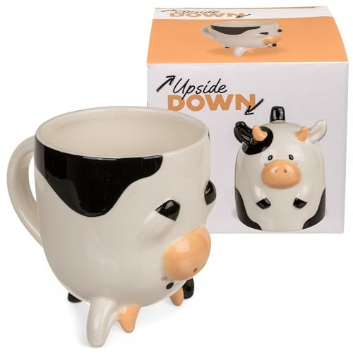 MIJOMA Upside-Down-Mug Kopfüber-Tasse – Lustiger Kaffeebecher aus Keramik – Umgedrehter Henkelbecher für Kaffee & Tee – 500 ml (Kuh)