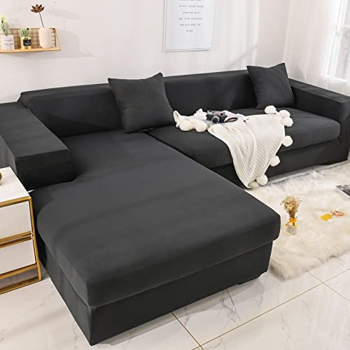 RFEGEF 2-teilige sofabezug, L-förmige Sofabezüge aus Mikrofaser-Stretch, stilvolle Sofabezüge aus Stoff für Sofas, waschbare L-förmige Bezüge für Sofas, Schwarz