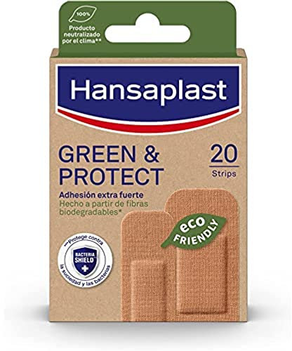 Hansaplast GREEN & PROTECT (20 tiras), apósitos adhesivos biodegradables, parches cicatrizantes hechos con fibras de origen natural, apósitos para heridas extra fuertes