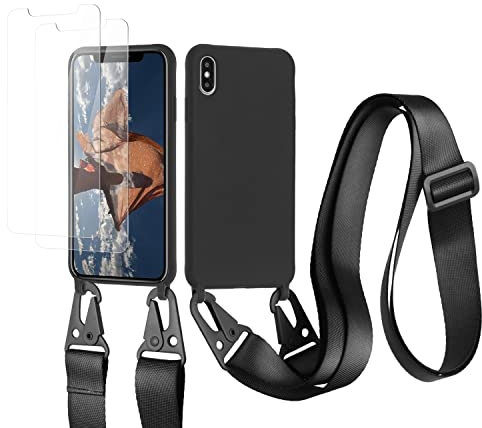 vrupin kompatibel mit iPhone XR Handykette Hülle,[2 Stück Schutzfolie 9H Härte Gehärtete Folie].Necklace Hülle Nylon Schultergurt Weich Flüssiges Silikon-schwarz