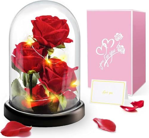 Regalo Mamma, Regalo di la Festa Della Mamma per Mamma Nonna, Fiore Rosa Regalo per Lei - 3 Rose Rosse di Seta con Luce a LED in Una Cupola di Vetro per Compleanno, Anniversario,Fiore Rosa Regalo