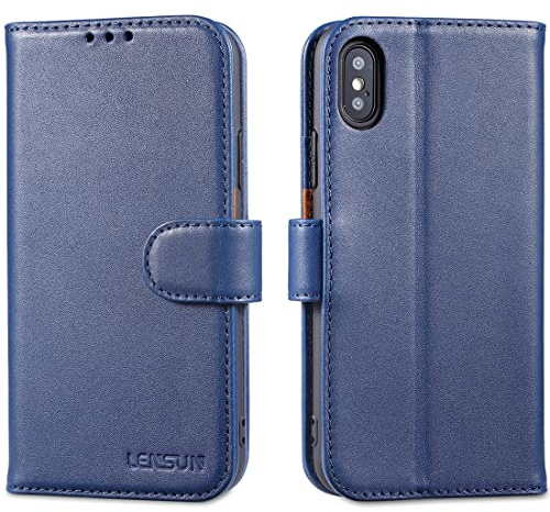 LENSUN Flip Case for iPhone X and iPhone XS, Genuine Leather Wallet Phone Cover [RFID Blocking] with Card Holder and Magnetic Closure Compatible with iPhone X/XS - Blue