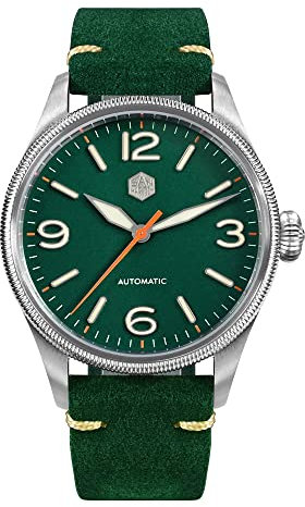 San Martin SN033G 38,5 mm Retro Männer Pilot Uhr geschnitzte Münze Lünette YN55 Automatische Mechanische Saphirglas Armbanduhren, Grün , Mechanisch