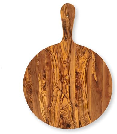 medina mood Tabla de servir con asa, diámetro de 32 cm, longitud de 44 cm, bandeja para pizza, hecha a mano de madera de olivo