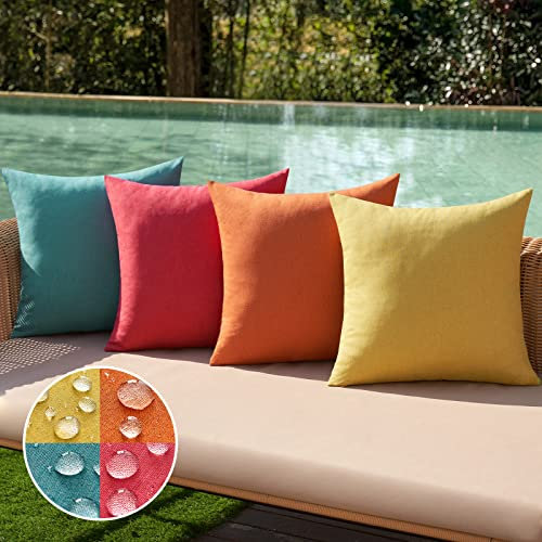 MIULEE Outdoor Kissenbezug Wasserdicht Kissen Wasserfest Dekorative Kissenbezüge Leinen-Optik Sofakissen Dekokissen für Garten Sofa Couch Wohnzimmer Schlafzimmer 4er Set 40x40 cm Rot Blau