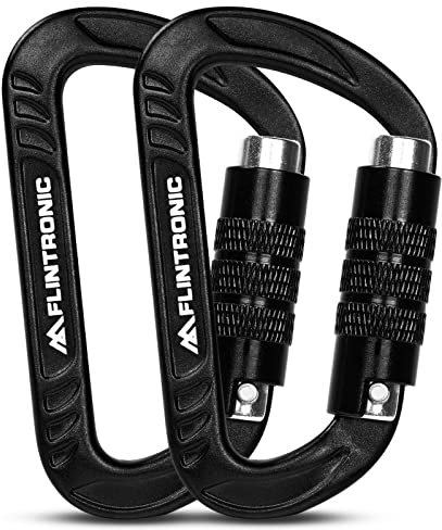 Flintronic Locking Carabiner, 12KN Heavy Duty Locking Carabiner Clips, Aluminum Alloy Clip, 2PCS Carabiner D Ring Clip Hook for Hammock Swing Camping Fishing Hiking (Black)