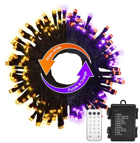 Halloween String Lights Battery Operated, 33Ft 100 LED Dual Color Changing Timer Fairy Lights with Remote Outdoor Tree Lights for Yard Garden Decor (Orange Purple & Warm White)