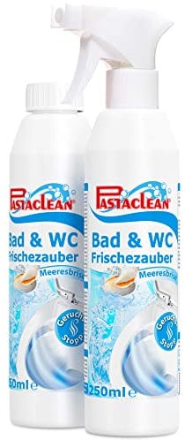 Pastaclean Bad & WC Frischezauber Duftspray (Meeresbrise) Geruchsstop für WC, Bidet, Urinal, WC-Bürsten, Abflüssen & Überläufen, Lufterfrischer, Raumspray, 2x 250ml + Sprühkopf