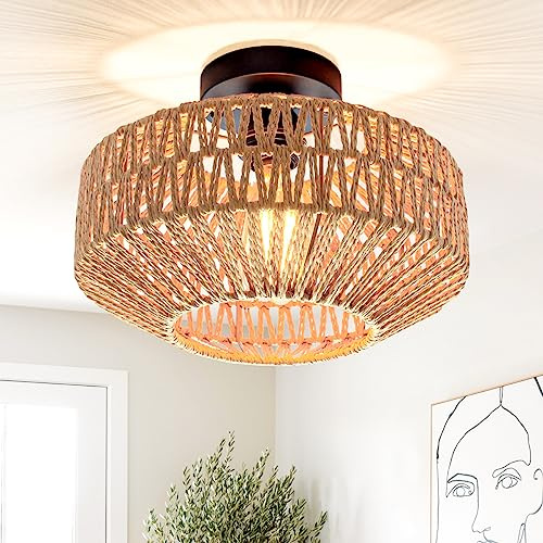 Deckenlampe Rattan Lamp Pendelleuchte Boho Deckenleuchte mit Gewebtem Lampenschirm Vintage Bambus Hängelampe Rustic E27 Korb Lampe für Wohnzimmer Schlafzimmer Küche Balkon Flur Bar