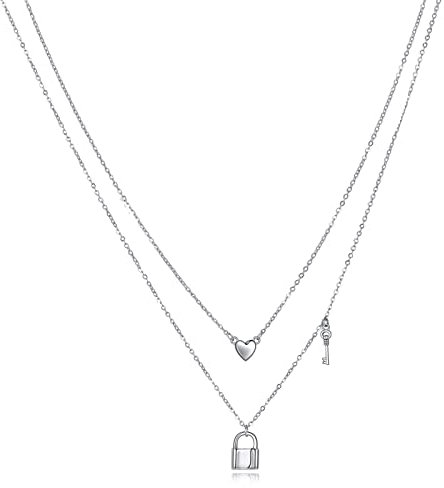 HUKKUN Schloss und Schlüssel Doppelkette Layering Kette Damen 925 Sterling Silber Geschichtete Halskette Schloss Schlüssel Herz Schmuck Geschenke für Damen