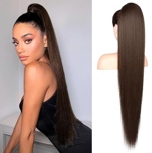 Flufymooz Ponytail Extension Pferdeschwanzverlängerung, 91 cm langer gerader Pferdeschwanz mit Kordelzug, Lockiger Pferdeschwanz Synthetisches Haarteil für Damen(braun)
