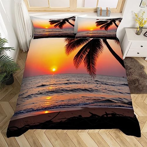 3D Palmen Sonnenuntergang Bettwäsche 135x200 Strand Weiche Microfaser Bettwäsche-Sets 3 Teilig Bettbezug Set mit Reißverschluss Bettbezüge und 2 Kissenbezug 80x80 cm
