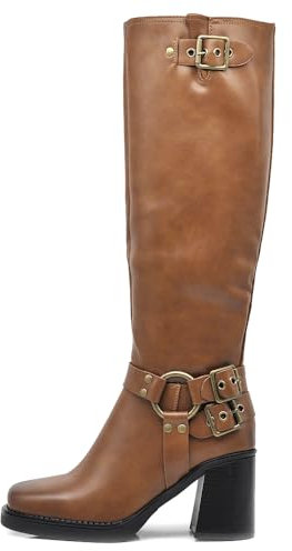 IF Fashion Scarpe da Donna Stivali Alti Con Fibbie Cinghie Tacco Punta Quadrata K134 camel N.39
