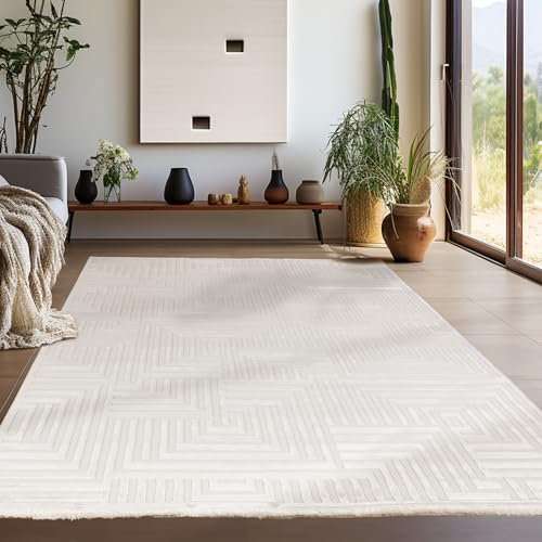 Teppium Moderner Kurzflor Teppich Wohnzimmer 250x350 (240 x 340 cm) Creme - 3D Boho Teppich Waschbar, Skandinavisches Stil, Geometrisch und Weich - für Schlafzimmer, Esszimmer oder Küche