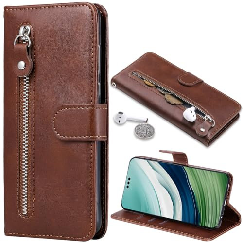 Baifu Zipper Pocket Hülle für Redmi K50 Gaming Edition Cover, Reißverschluss Tasche Wallet Redmi K50 Gaming Edition Phone Case-Braun