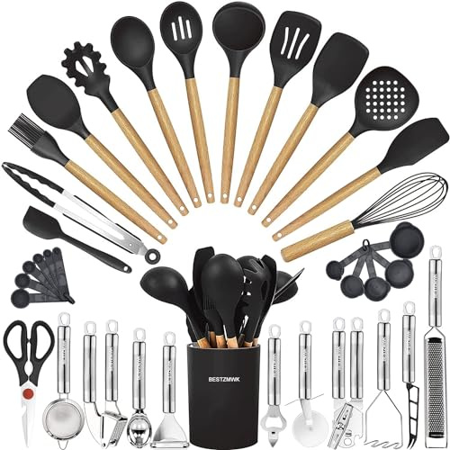 Set di 35 utensili da cucina con grattugia, pinze, cucchiaio, spatola e spatola in silicone resistente al calore per uso alimentare e manici in legno, set di utensili da cucina per pentole
