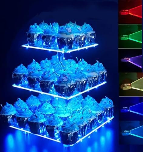SicoVision 3-stöckiger LED-Acryl-Cupcake-Ständer, Klarglas, Dessertständer, Gebäcktablett, Gebäckturm, Geeignet für Hochzeiten, Geburtstage, Bar, Partys und Babypartys (quadratisch)