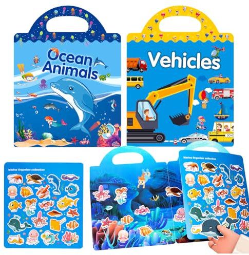 UDTGYELF Stickerbuch, 2 StüCk 3D Wiederverwendbare Stickerbuch Für Kinder 2-4 JäHrige, Aufkleber Für Kinder, Unterwasserwelt, Fahrzeug, Aufkleber Geschenk