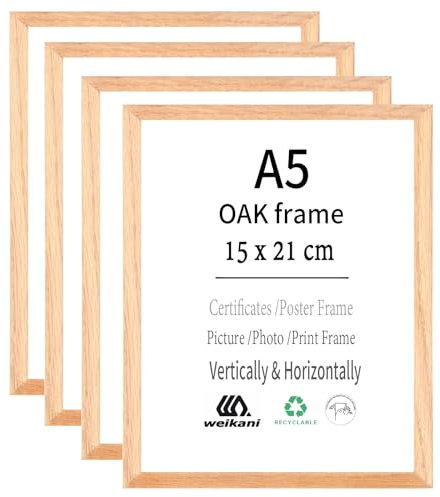 Lot de 4 cadres photo A5 en bois de chêne - 15 x 21 cm - Cadre photo avec plexiglas pour montage mural ou affichage sur table