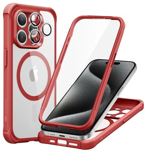 ESR für iPhone 15 Pro Max Hülle, Kompatibel mit MagSafe, 360 Grad Schutzhülle Stoßfest Militärnorm Magnetische Handyhülle mit Kameraschutz, Klares Rot